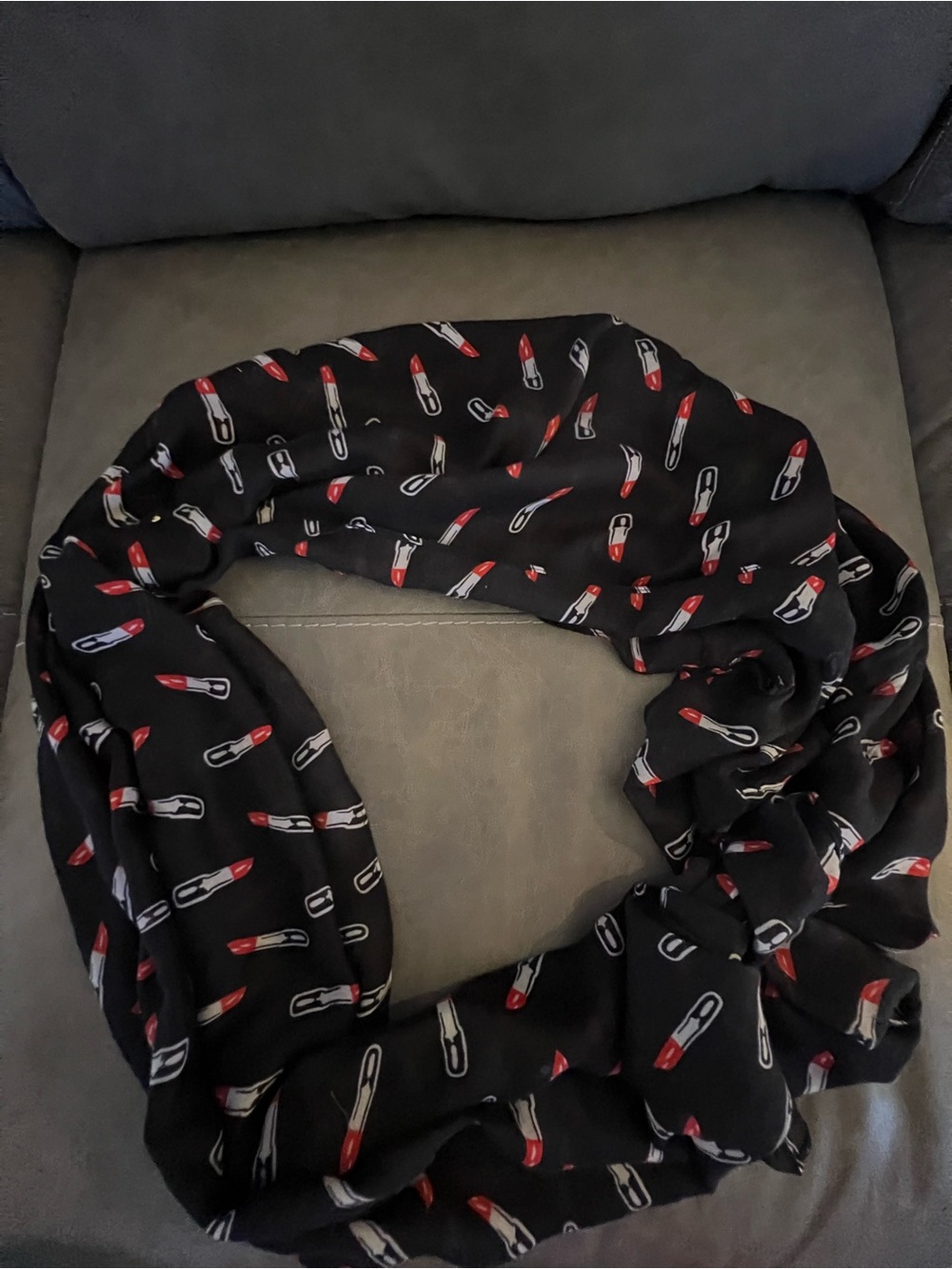 Charming Charlie Black Infinity Scarf with Red Lipstick Print—like new!